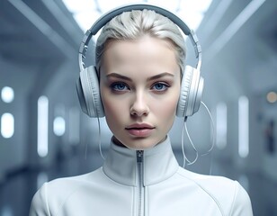 A woman with platinum blonde hair and bright blue eyes wearing headphones, in a clean, futuristic environment
