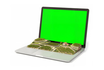 Digital agriculture and vineyard management concept. Miniature grape farm and winery on a laptop keyboard with green screen. 3D smart farming illustration