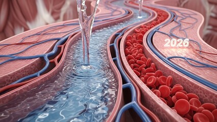 Bloodstream anatomy with blood cells illustration and transparent blue water
