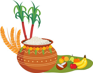 traditional Pongal rice in clay pot with banana leaves and sweets celebrating harvest festival of india