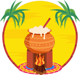 happy Pongal harvest festival of India with traditional rice pot and sugarcanes vector illustration design