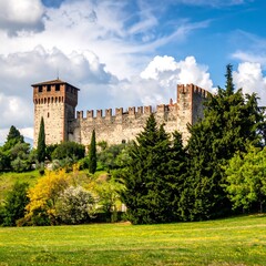 A medieval stone castle stands on a lush green hill under a bright, cloudy sky, surrounded by trees and vegetation