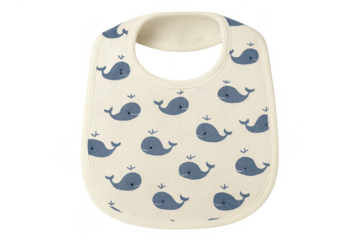 White baby bib with blue whale pattern