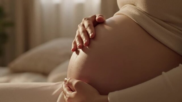 Close up of a pregnant woman's belly in the sunlight with her hands gently resting on her growing baby bump