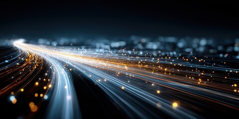 High speed fiber optic data transmission through a futuristic city at night, abstract digital technology background with glowing light trails and particles