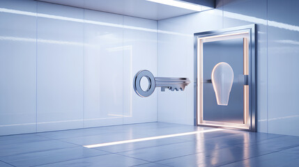 Innovation strategy concept with floating chrome key and glowing idea keyhole, unlocking business growth, creativity and opportunity background with copy space