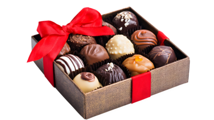 A gourmet gift box of delicious dark and milk chocolate pralines and truffles isolated on a white background makes a sweet tasty dessert snack for a Valentine gift
