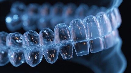 Close-up of clear plastic dental aligners or invisible braces for teeth straightening