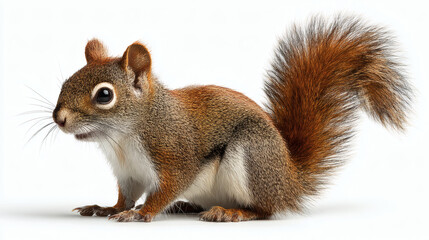Fototapeta premium Red Squirrel Bushy Tail White Background