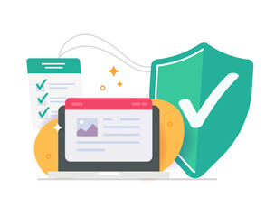 Cyber security check list compliance on laptop computer icon modern graphic illustration design, online firewall protection data audit on website tech, antivirus shield web software, internet safety