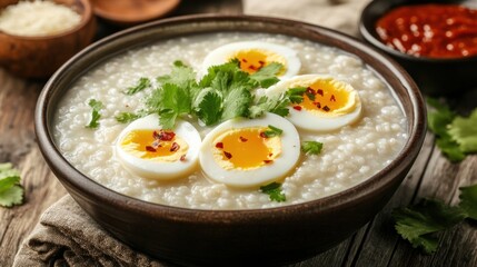 Bowl of creamy porridge with sliced eggs and garnishes