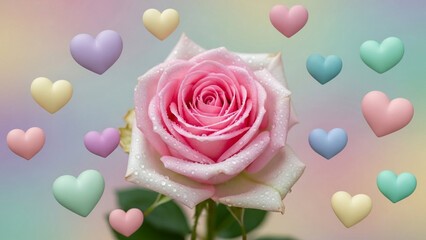 Beautiful pink rose surrounded by colorful hearts on pastel background