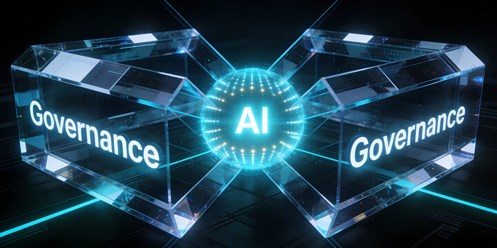 AI Governance Dual Glass Nodes with Holographic Core, Compliance Accountability and Risk Management Technology Concept