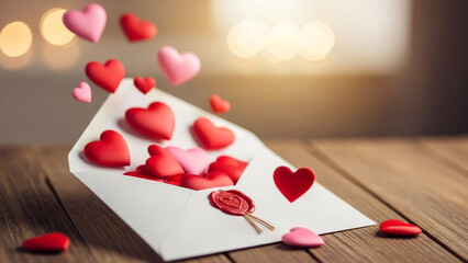 Envelope on a wooden table with red and pink hearts flying out for valentines day celebration