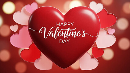 Happy valentines day greeting card with red heart and bokeh lights background