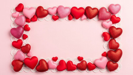 Valentines day frame with red and pink hearts on a light pink background for love and romance