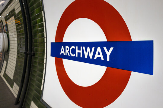 Archway Underground Station Sign and Roundel. London, UK, 3 March 2024