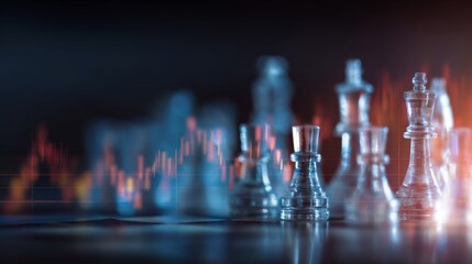Double exposure of financial market stock chart and chessboard strategy representing business competition, leadership, investment success, and corporate growth concept