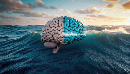 Mental health awareness brain ocean wave surreal concept, floating mind water landscape calm mood, creative psychology imagination idea art