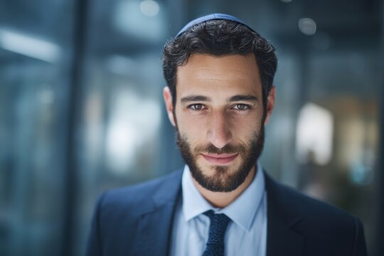 Jewish businessman wearing kippah standing confidently in modern office