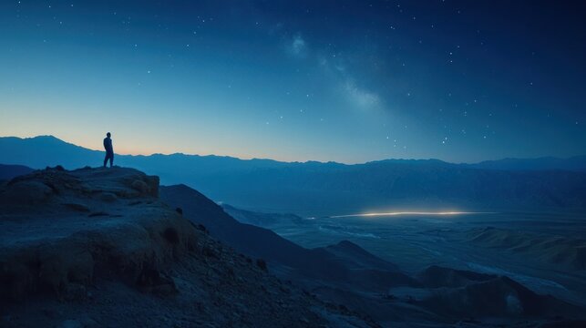 A solitary figure stands on a mountain peak under a night sky filled with stars and the Milky Way.  Vast valley stretches below, lit by distant city lights