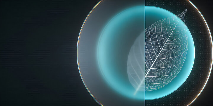 Split frosted glass circle revealing leaf geometry and dot grid on dark background, modern transparency concept for tech reports with copy space