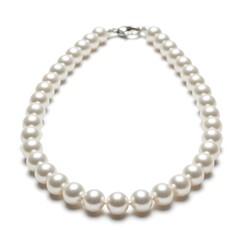Obraz premium Elegant strand of lustrous white round cultured pearls featuring a secure silver tone clasp photographed against a bright white background