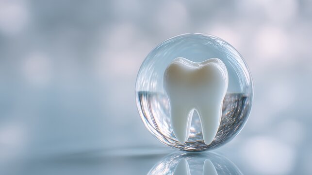 White molar tooth protected inside a transparent glass sphere, dental health concept on soft blue background