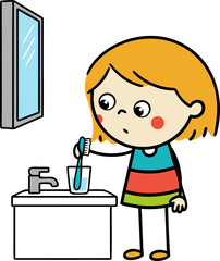 Ginger girl puts toothbrush into glass, kids hygiene rules, vector illustration isolated on transparent background