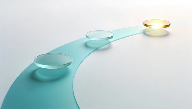 Curved glass ribbon path for planning performance: develop goal to guide decision and aim, track progress and achievement with information, evolution, ambition, improvement, increase, rise to win