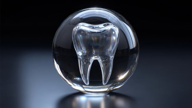 Conceptual 3D illustration of a transparent glass tooth inside a clear crystal sphere representing dental health and protection