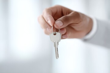 Real estate success concept, realtor giving apartment key to new homeowner after contract signing