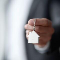 Real estate concept, close-up realtor holding house keychain