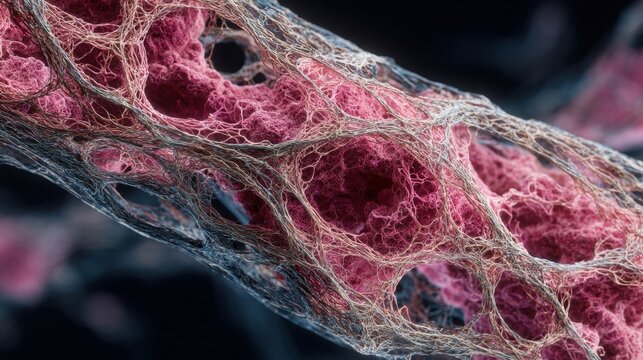Crosssectional image of fibrotic lung tissue texture emphasizing thickened alveolar walls and reduced elasticity in chronic pulmonary fibrosis.