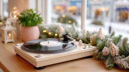 Holiday vinyl record on turntable with festive winter decor and lighting