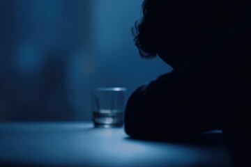 Lonely night drinking concept, stressed young man feeling dizzy after alcohol consumption