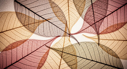 Skeletal leaves in brown, beige and red hues, arranged symmetrically.  Delicate leaf veins create intricate pattern, symbolizing nature's fragility and beauty, ideal for autumn themes