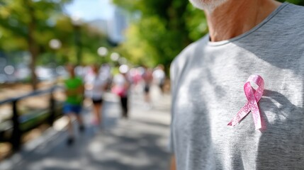 Charity walk participant with pink cancer awareness ribbon on shirt