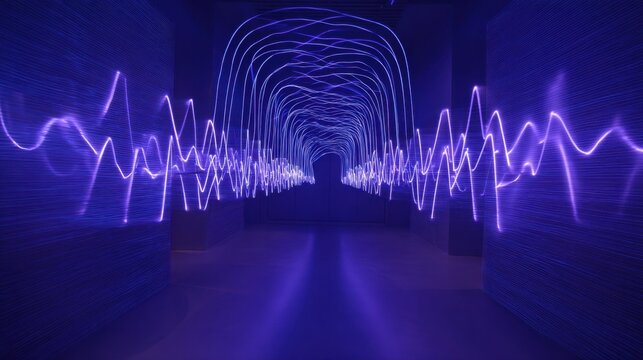 Highcontrast neon light patterns simulate repetitive sound vibrations moving through cochlear chambers depicting tinnitus experience.