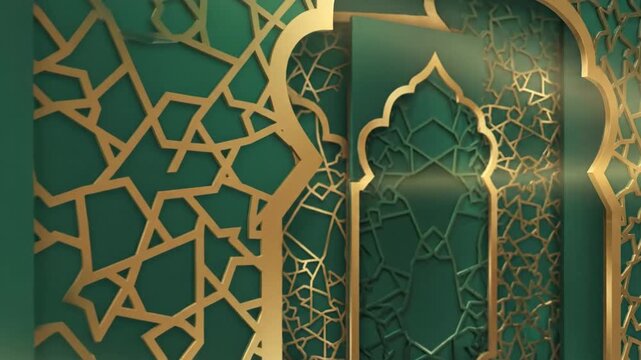 Golden Arabic Archways on Emerald Background Luxury Design