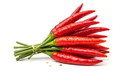 A vibrant bunch of fresh red chili peppers tied together with green stems glistens with small droplets of refreshing water against a clean white background studio shot.