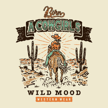 cowgirls illustration rodeo graphic western design desert badge landscape vintage sunset