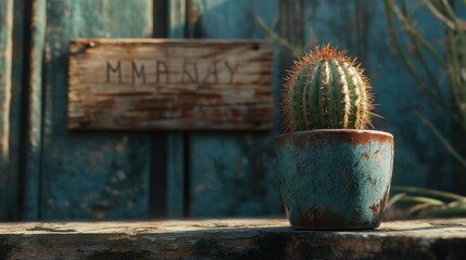 A small, spiny cactus in a teal-colored pot sits on a weathered wooden surface in front of a teal wooden wall. A rustic sign is affixed to the wall