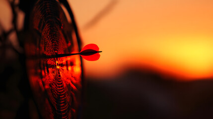 dartboard. A red dart perfectly lodged in the bullseye of a dartboard, bathed in warm sunset light for a dramatic effect. inspiring travel planning.