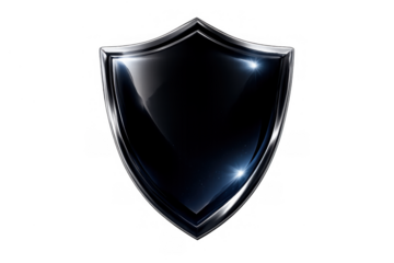 Black chrome shield symbol representing security, protection, and defense, offering a glossy metallic finish on a transparent background