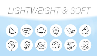 Set icons properties of lightweight and soft for describes materials, fabrics, clothing, and other products. Vector elements are good for different backgrounds, well scalable and editable. EPS10.