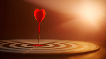 dartboard. A red dart perfectly lodged in the bullseye of a dartboard, bathed in warm sunset light for a dramatic effect. inspiring travel planning.