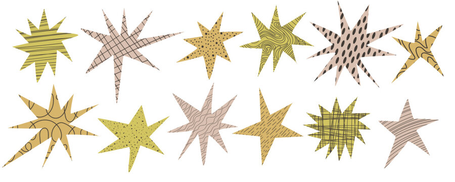 Set of cut out scrapbook stars with crayon scribble patterns. Whimsical irregular forms for collage with  doodles, rough chalk strokes texture. Asymmetrical starlike shapes