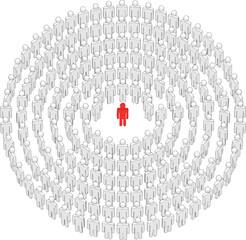 A different kind of person who stands out and becomes a reference point, a vector for people in a group with an individual who stands out, a unique person in the crowd