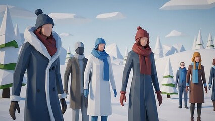 A group of people wearing winter clothing standing in a snowy landscape with pine trees and a blue sky with cold weather and winter scene and coats